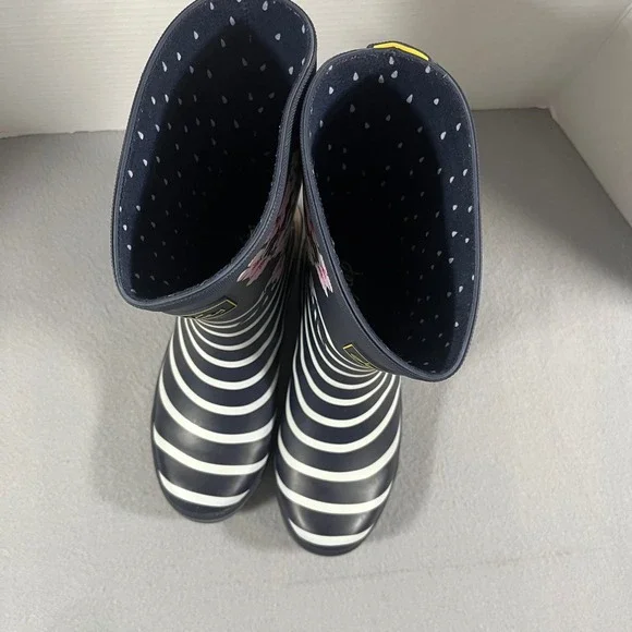 Joules Molly Welly Rain Boots Navy White Stripe Floral Buckle Women US 7 EU 38 - Picture 7 of 12